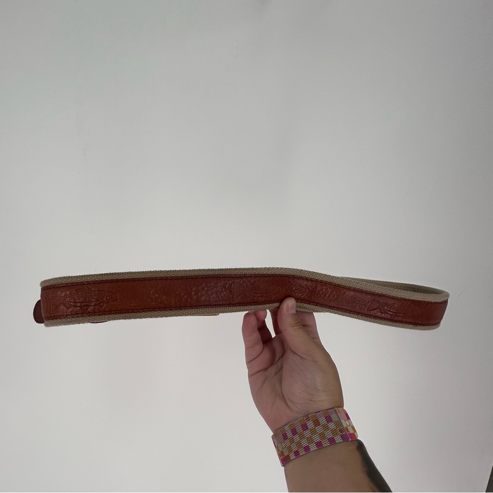 L.L. Bean Brown Leather & Canvas Fish Embossed Belt - Men's 34